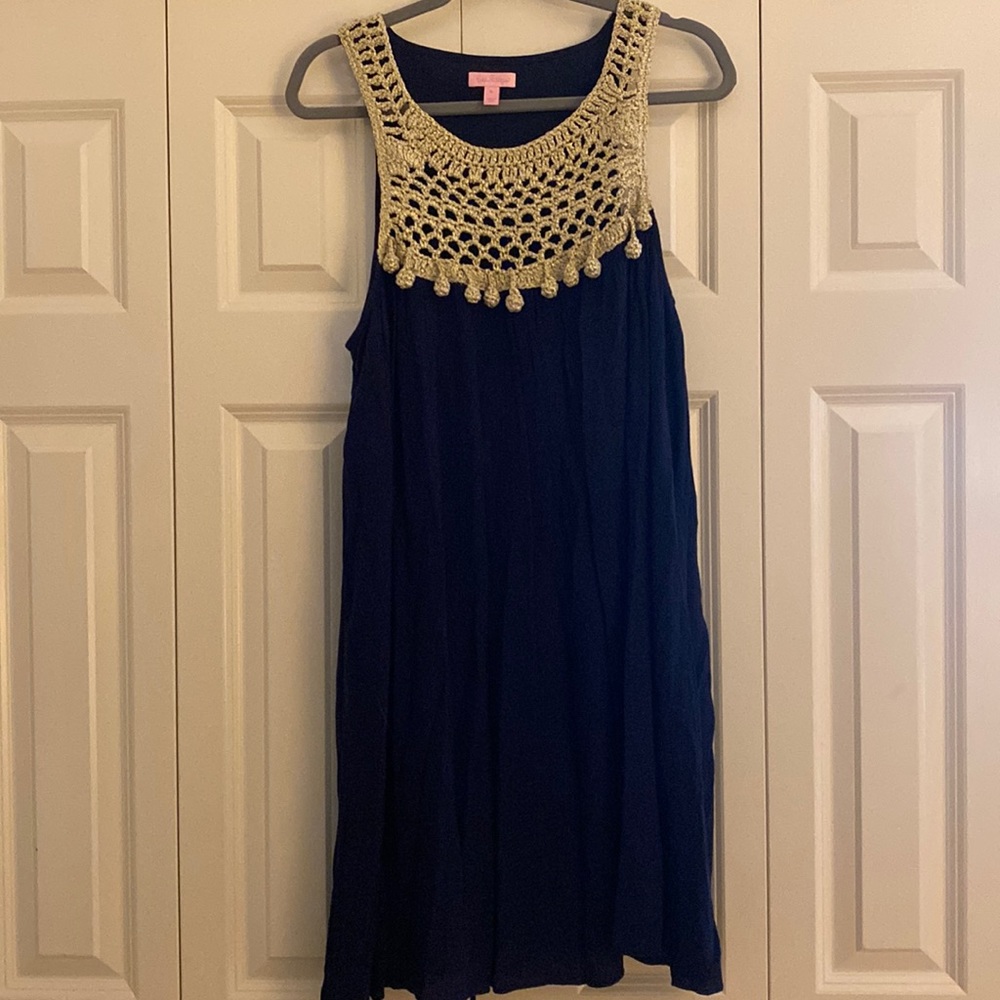 Navy Lilly Pulitzer sleeveless dress with gold metallic detail